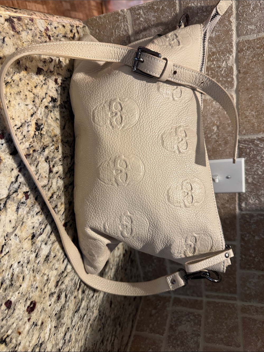Cream Embossed Leather Crossbody Shoulder Bag